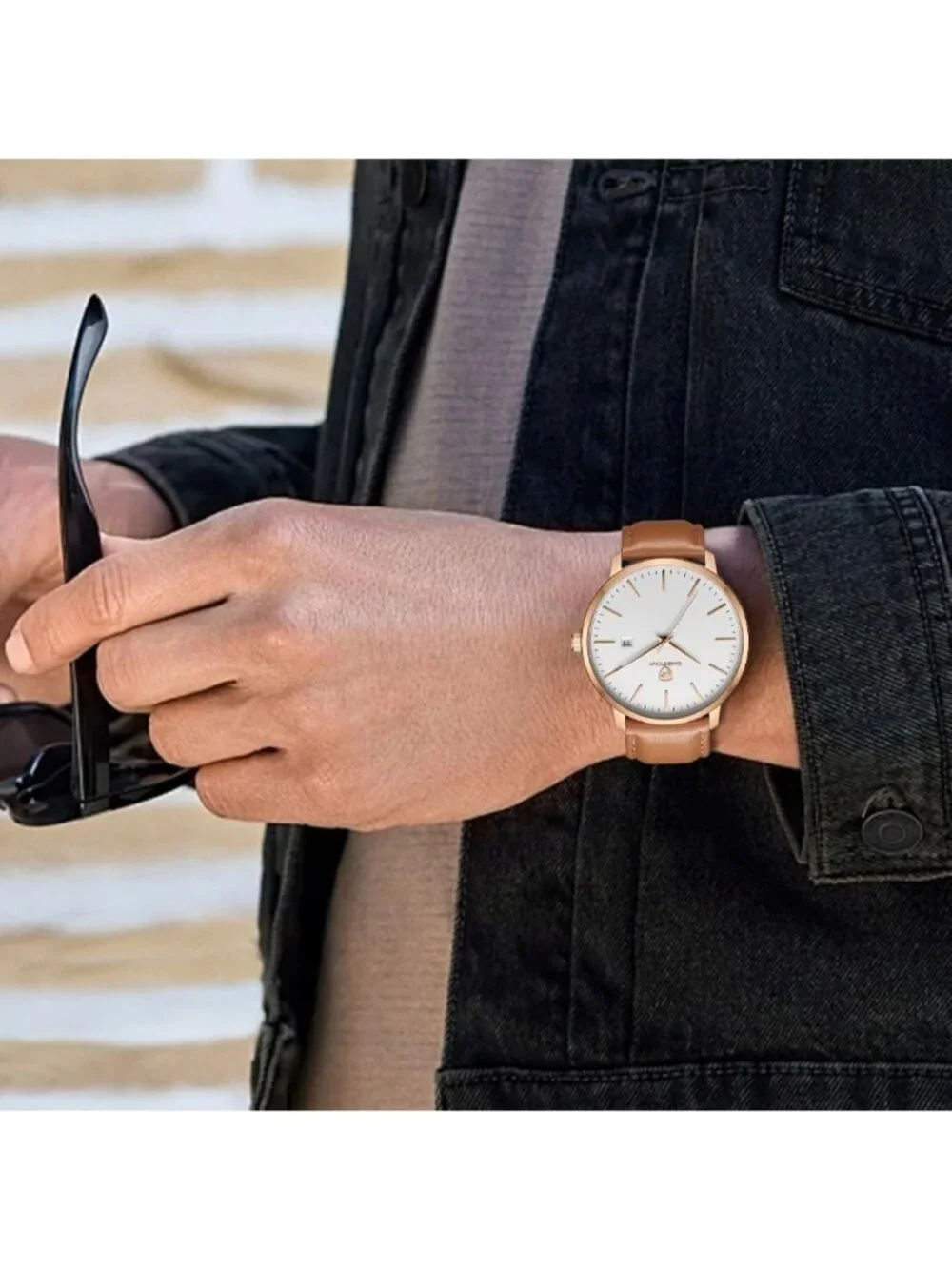 Men's Brown /Gold/White Leather Strap Minimalist Waterproof Quartz Wrist Watch